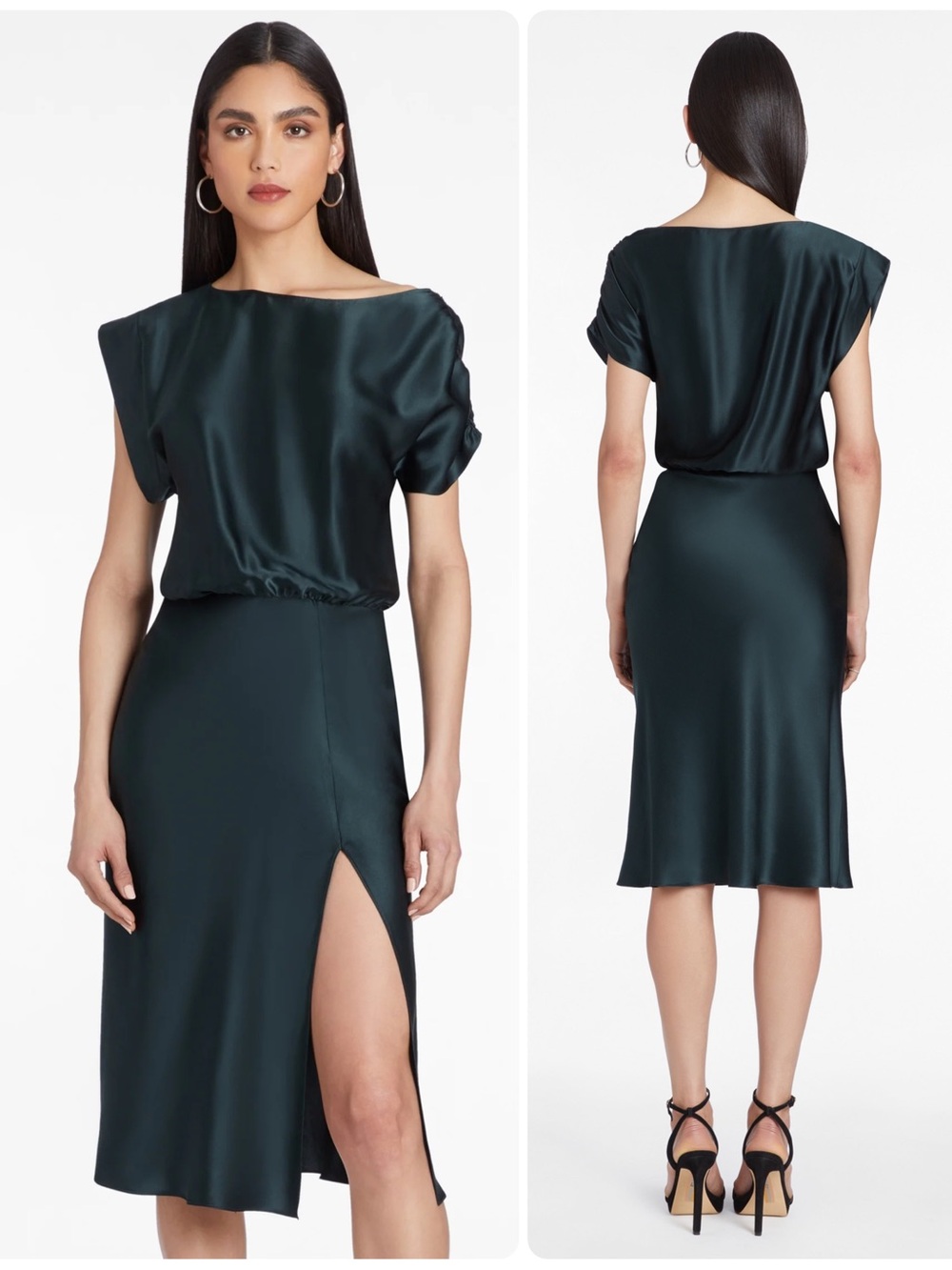 Amanda Uprichard Elroy SILK Forest Green Thigh-Slit Midi Dress NWT $334